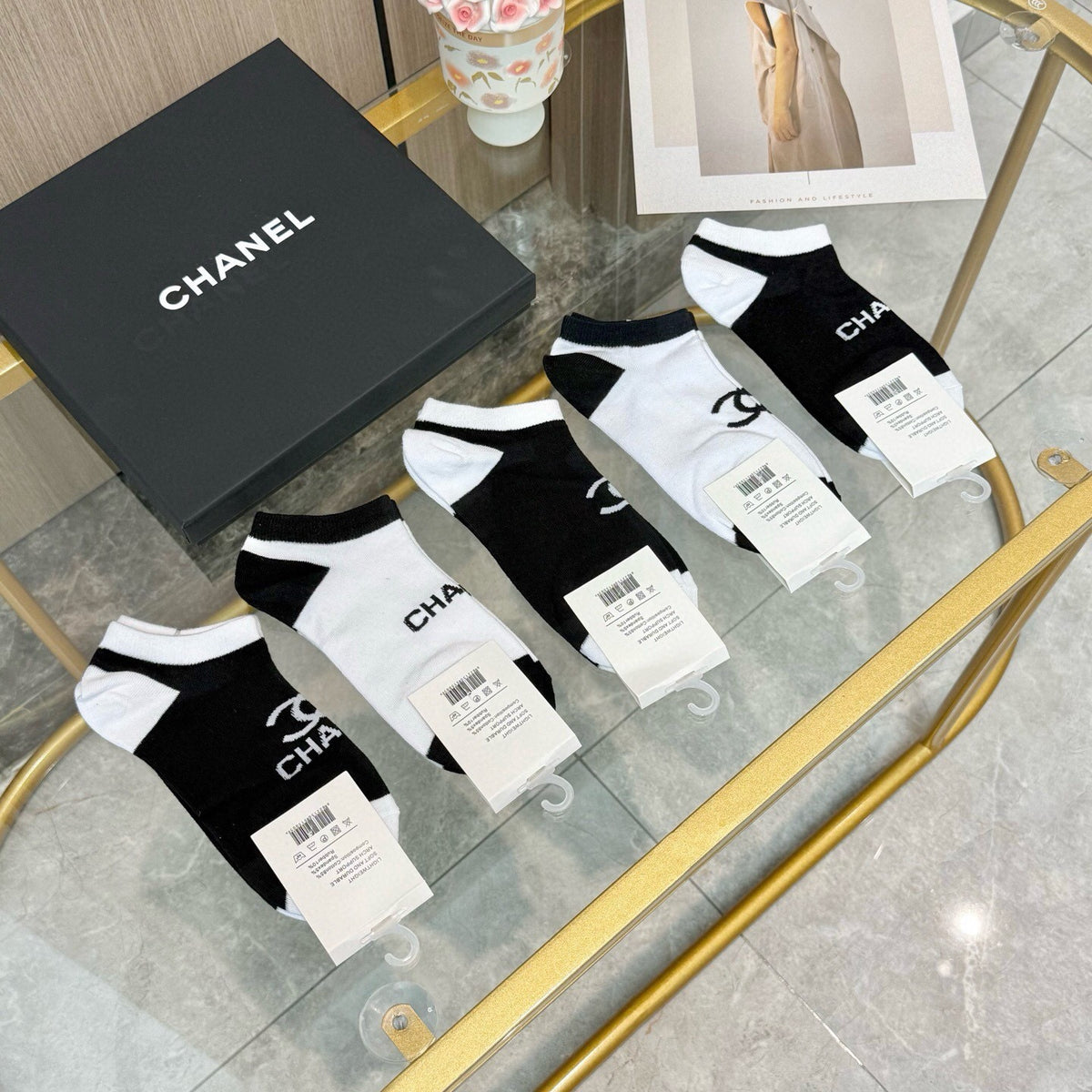 Chanel black contrast toe lettering ankle socks - view 3