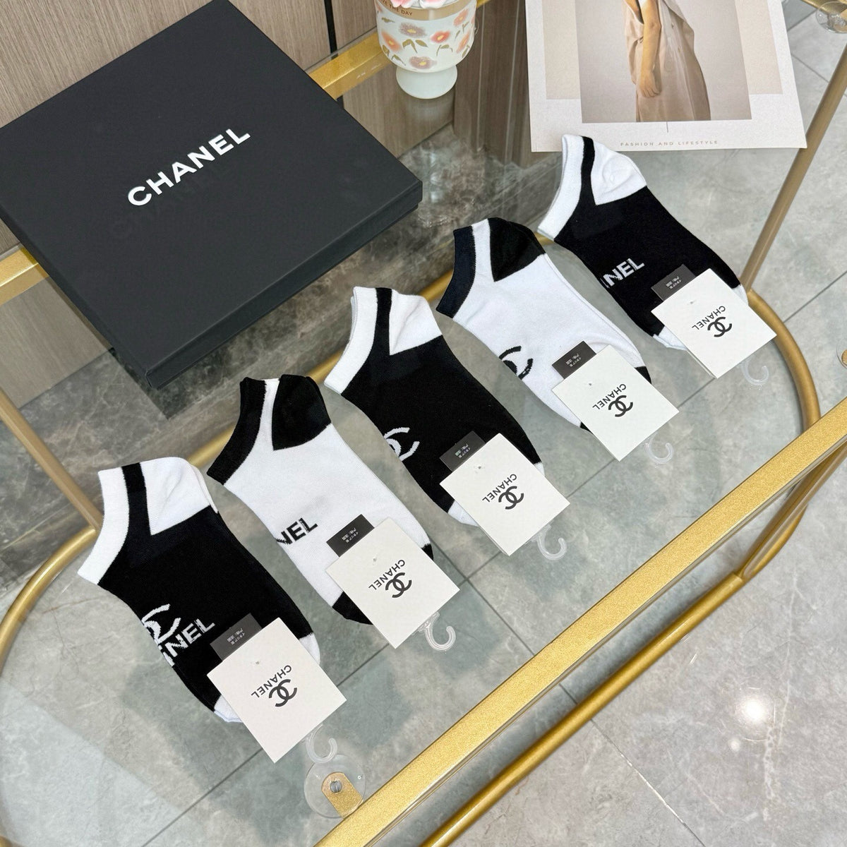 Chanel black contrast toe lettering ankle socks - view 6