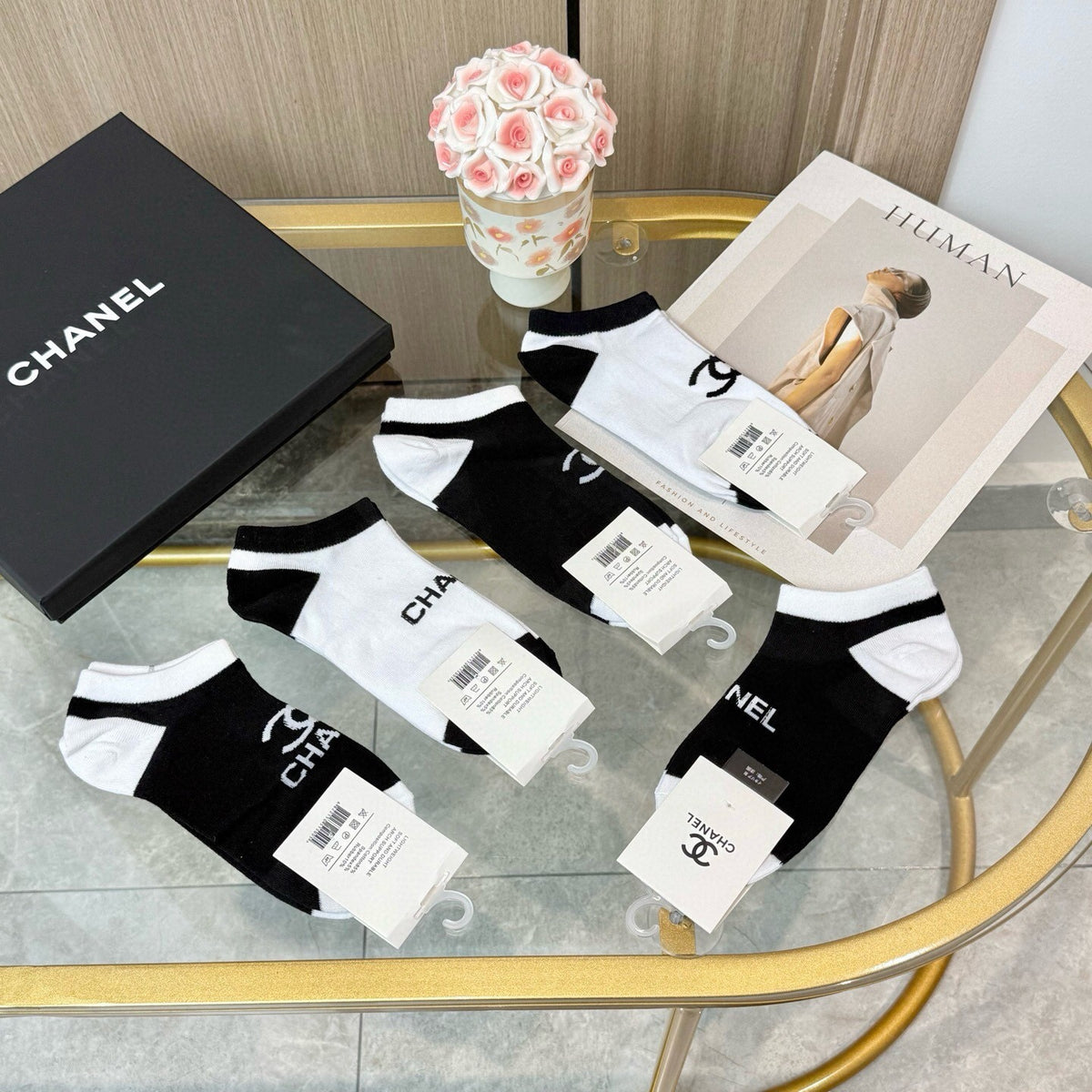 Chanel black contrast toe lettering ankle socks - view 5