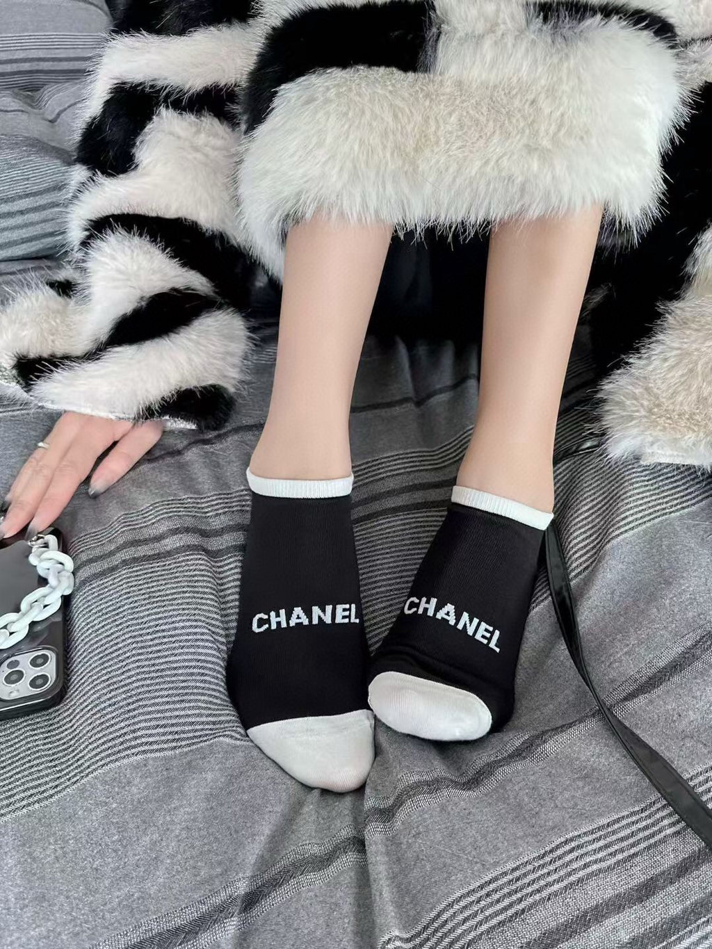 Chanel black contrast toe lettering ankle socks - view 1