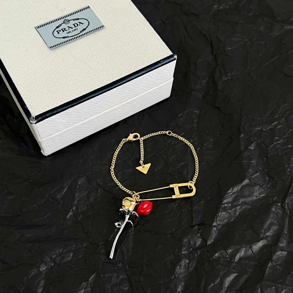 Prada Gold-Tone Safety Pin Rose Charm Bracelet - album image 3