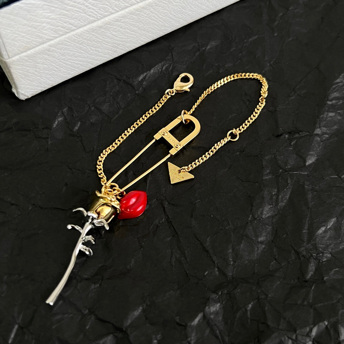 Prada Gold-Tone Safety Pin Rose Charm Bracelet - album image 7