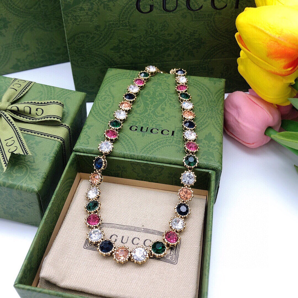 Gucci Gold-Tone Multicolor Crystal and Pearl Necklace - album image 2