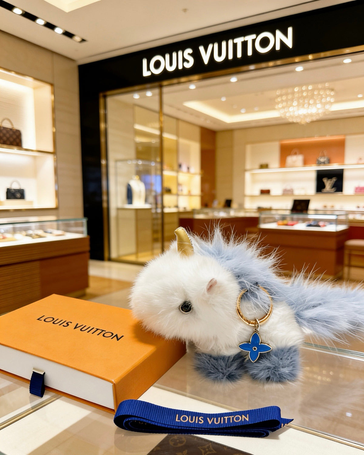 Louis Vuitton White Plush Animal Bag Charm with Blue Strap - album image 5