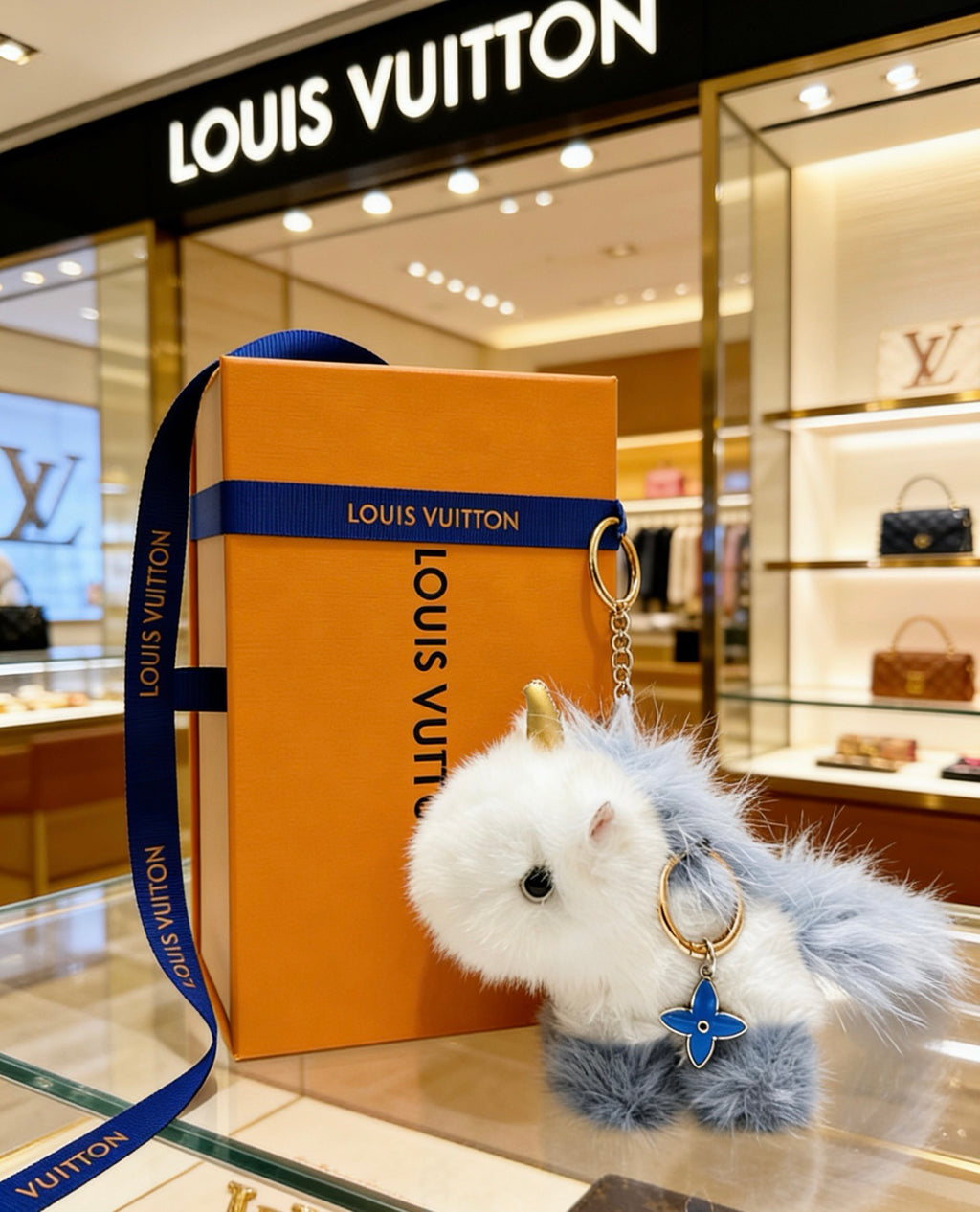 Louis Vuitton White Plush Animal Bag Charm with Blue Strap - album image 1