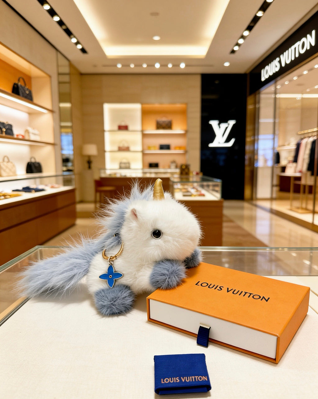 Louis Vuitton White Plush Animal Bag Charm with Blue Strap - album image 7