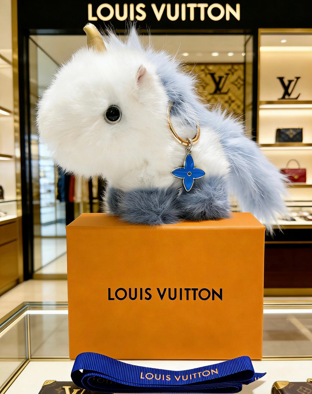 Louis Vuitton White Plush Animal Bag Charm with Blue Strap - album image 4