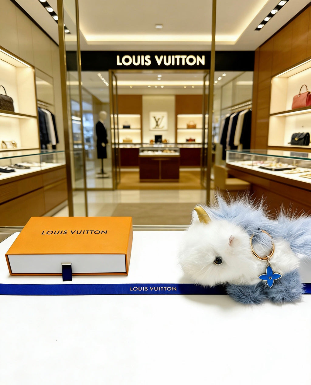 Louis Vuitton White Plush Animal Bag Charm with Blue Strap - album image 6