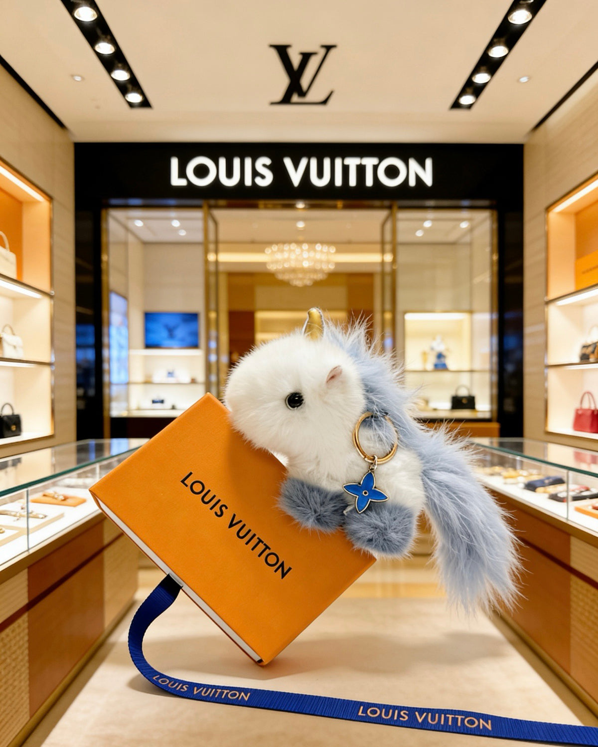 Louis Vuitton White Plush Animal Bag Charm with Blue Strap - album image 2