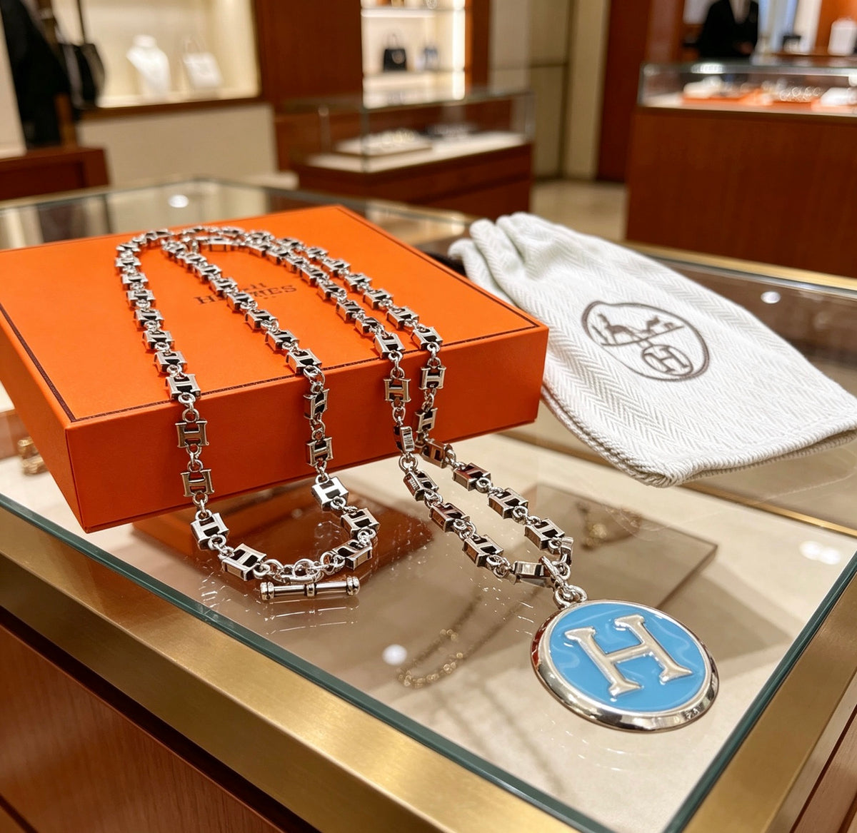 Hermès Silver-Tone Blue H Disc Necklace - album image 5