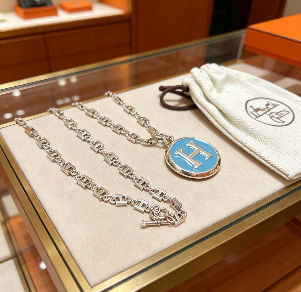 Hermès Silver-Tone Blue H Disc Necklace - album image 2