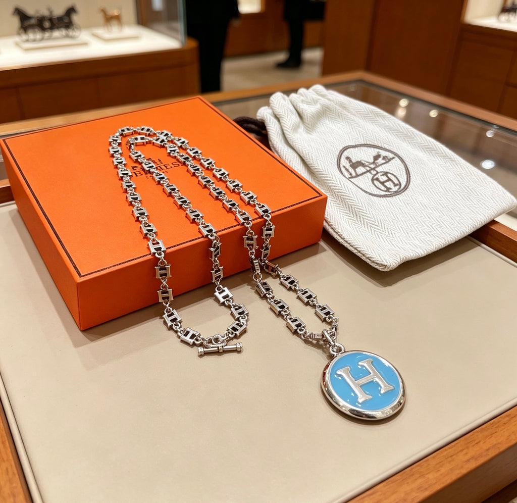 Hermès Silver-Tone Blue H Disc Necklace - album image 4