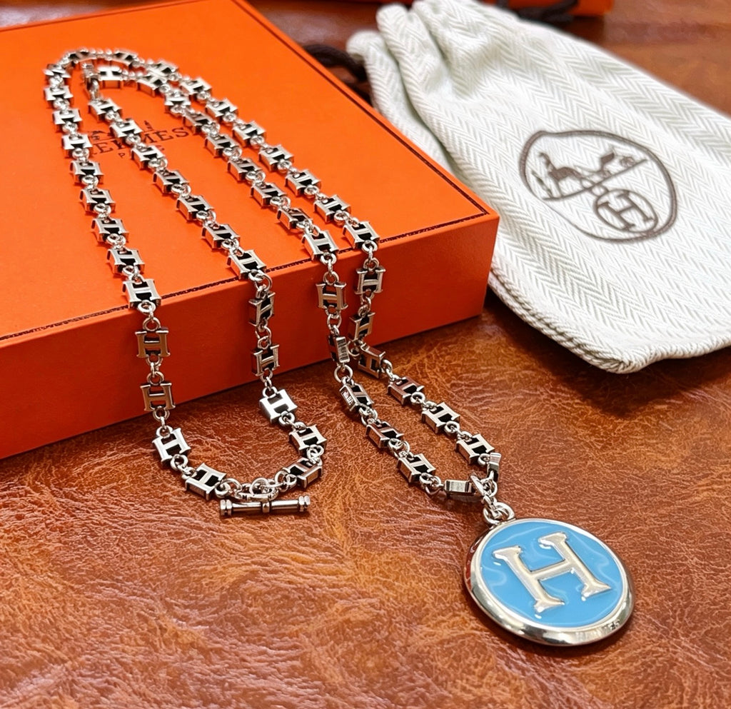 Hermès Silver-Tone Blue H Disc Necklace - album image 8