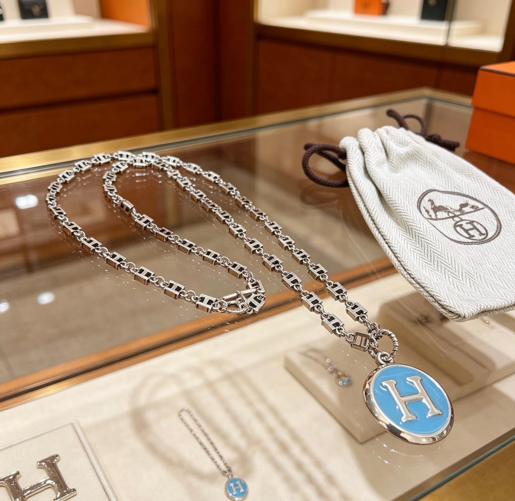 Hermès Silver-Tone Blue H Disc Necklace - album image 7