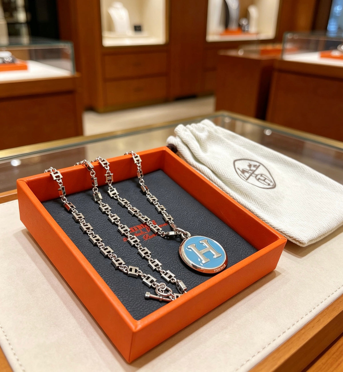 Hermès Silver-Tone Blue H Disc Necklace - album image 9