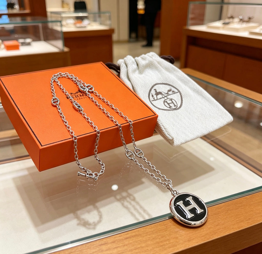 Hermès Silver-Tone Black H Disc Necklace - album image 5
