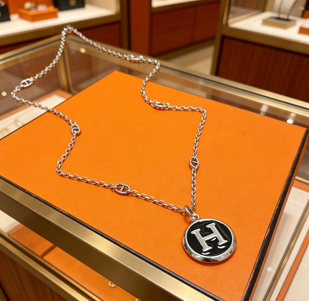 Hermès Silver-Tone Black H Disc Necklace - album image 2