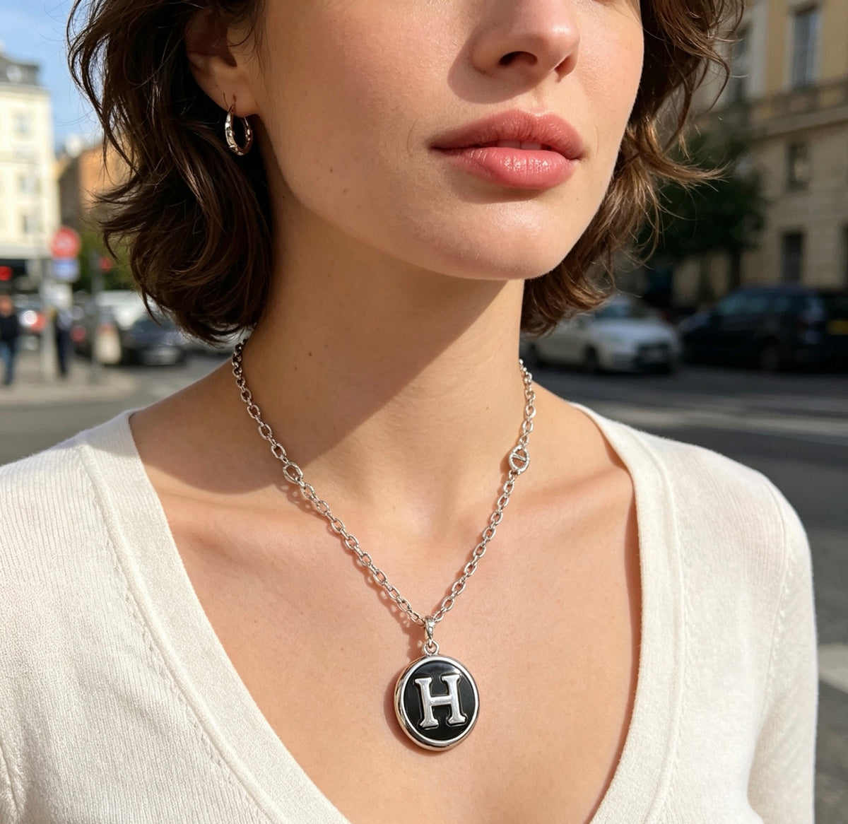 Hermès Silver-Tone Black H Disc Necklace - album image 6