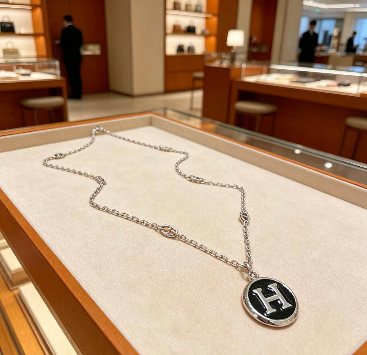 Hermès Silver-Tone Black H Disc Necklace - album image 1