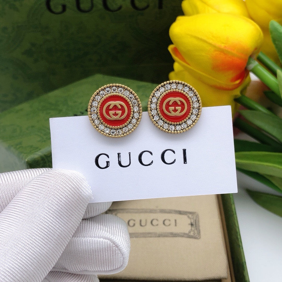 Gucci Interlocking G Enamel Red Circular Crystal Accent Earrings - album image 2