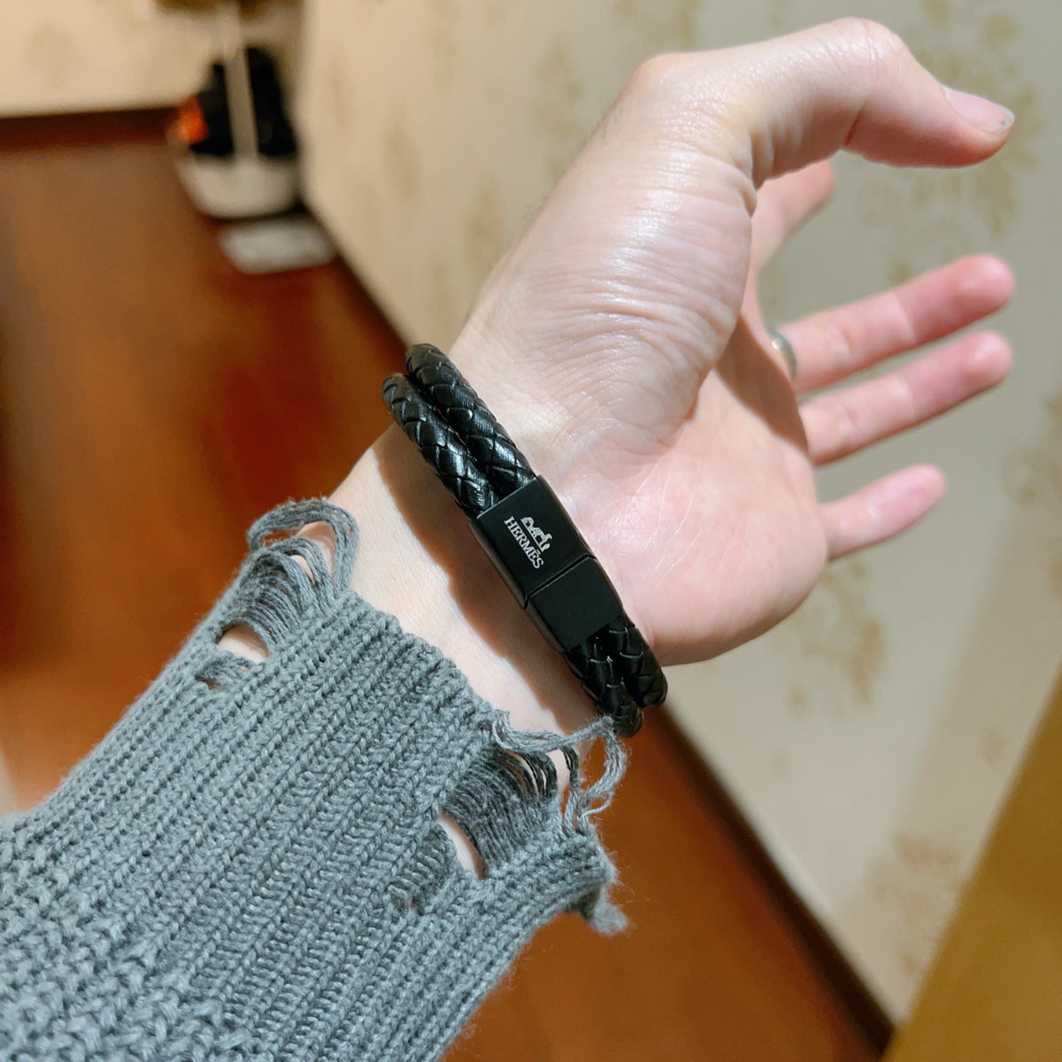 Hermès Black Leather H Cuff Bracelet - album image 4