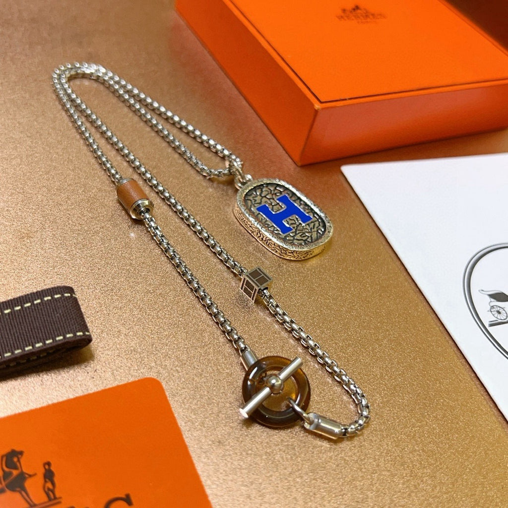 Hermès Silver-Tone Blue and Black H Plaque Necklace - album image 4