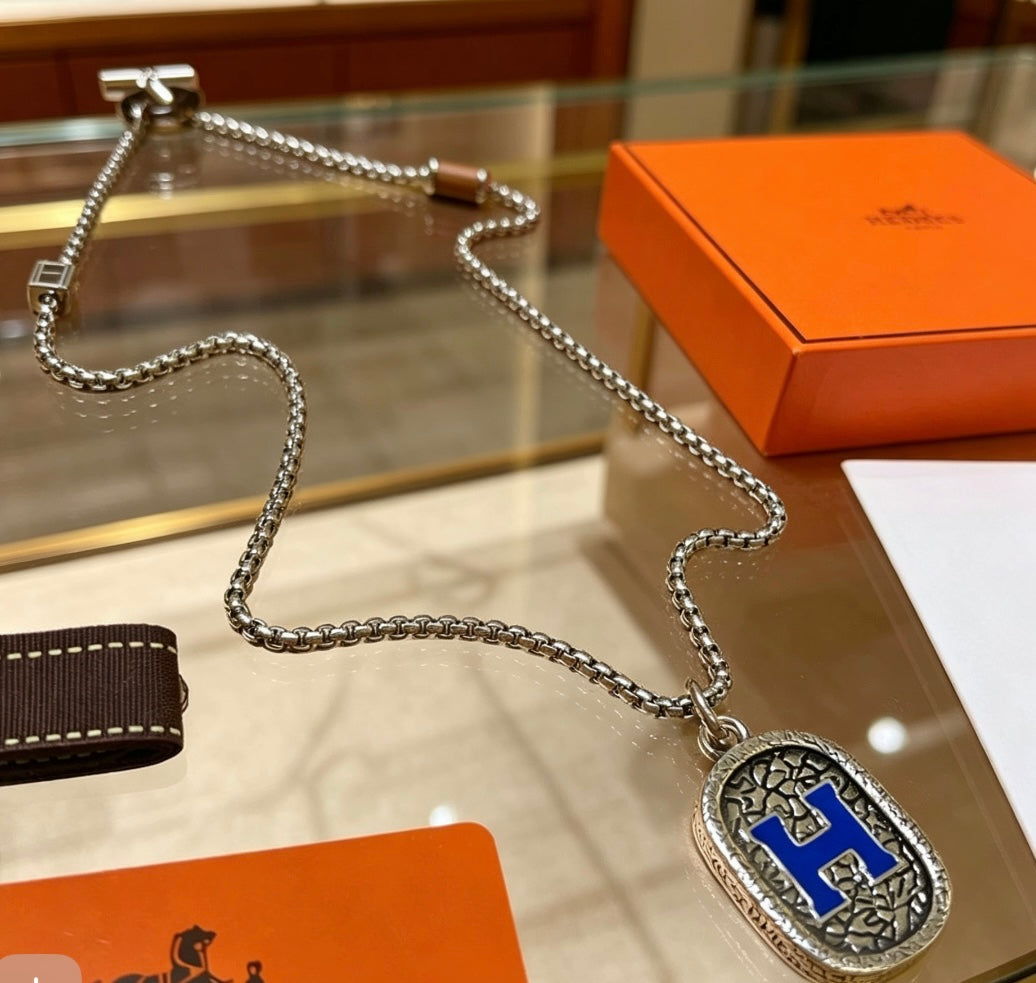 Hermès Silver-Tone Blue and Black H Plaque Necklace - album image 2