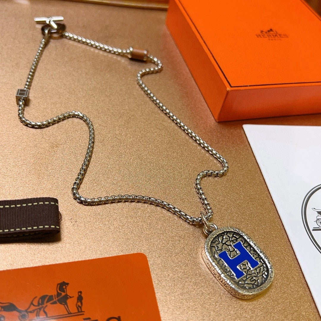 Hermès Silver-Tone Blue and Black H Plaque Necklace - album image 7
