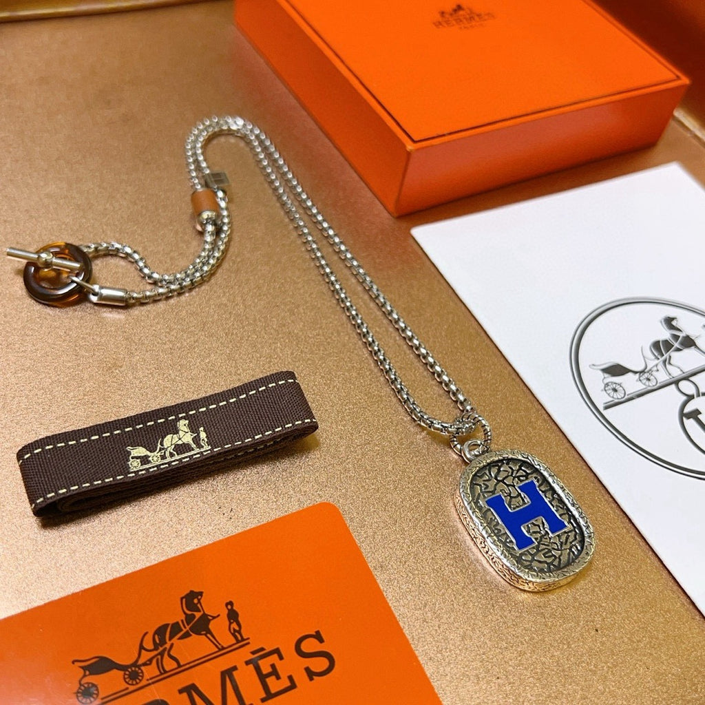 Hermès Silver-Tone Blue and Black H Plaque Necklace - album image 8