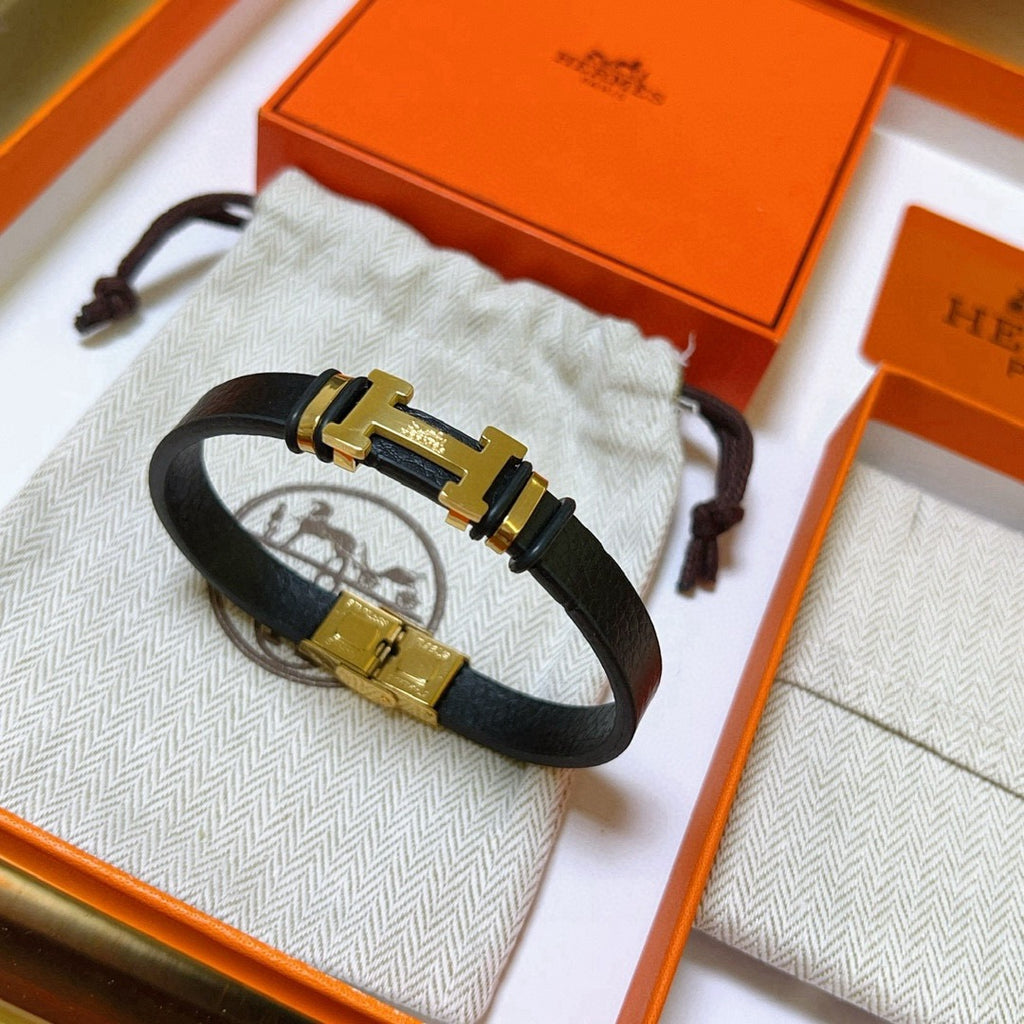 Hermès Black Leather Gold-Tone H Bracelet - album image 4