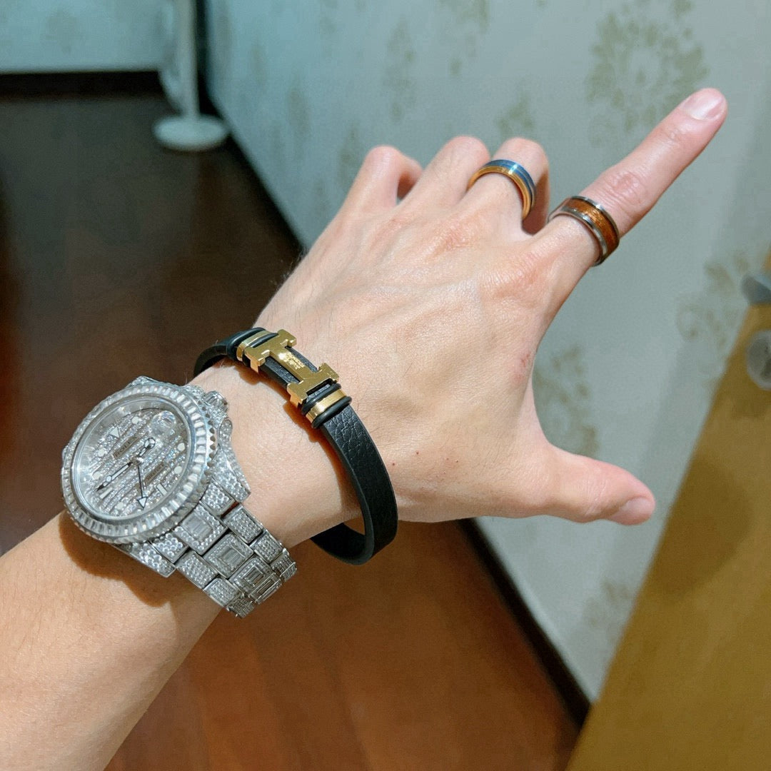 Hermès Black Leather Gold-Tone H Bracelet - album image 3