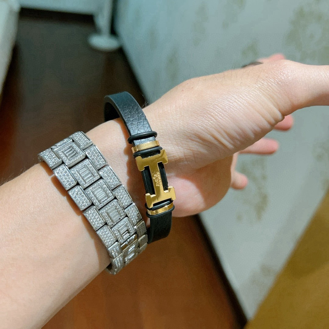 Hermès Black Leather Gold-Tone H Bracelet - album image 6