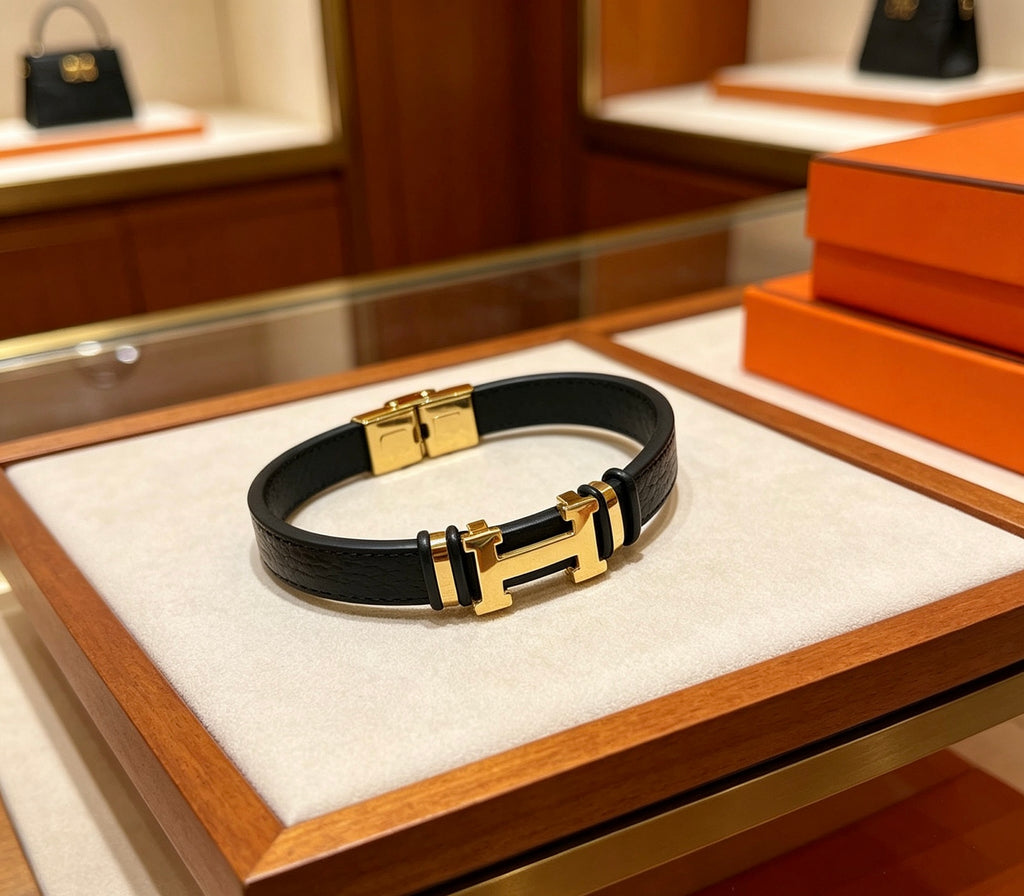 Hermès Black Leather Gold-Tone H Bracelet - album image 1