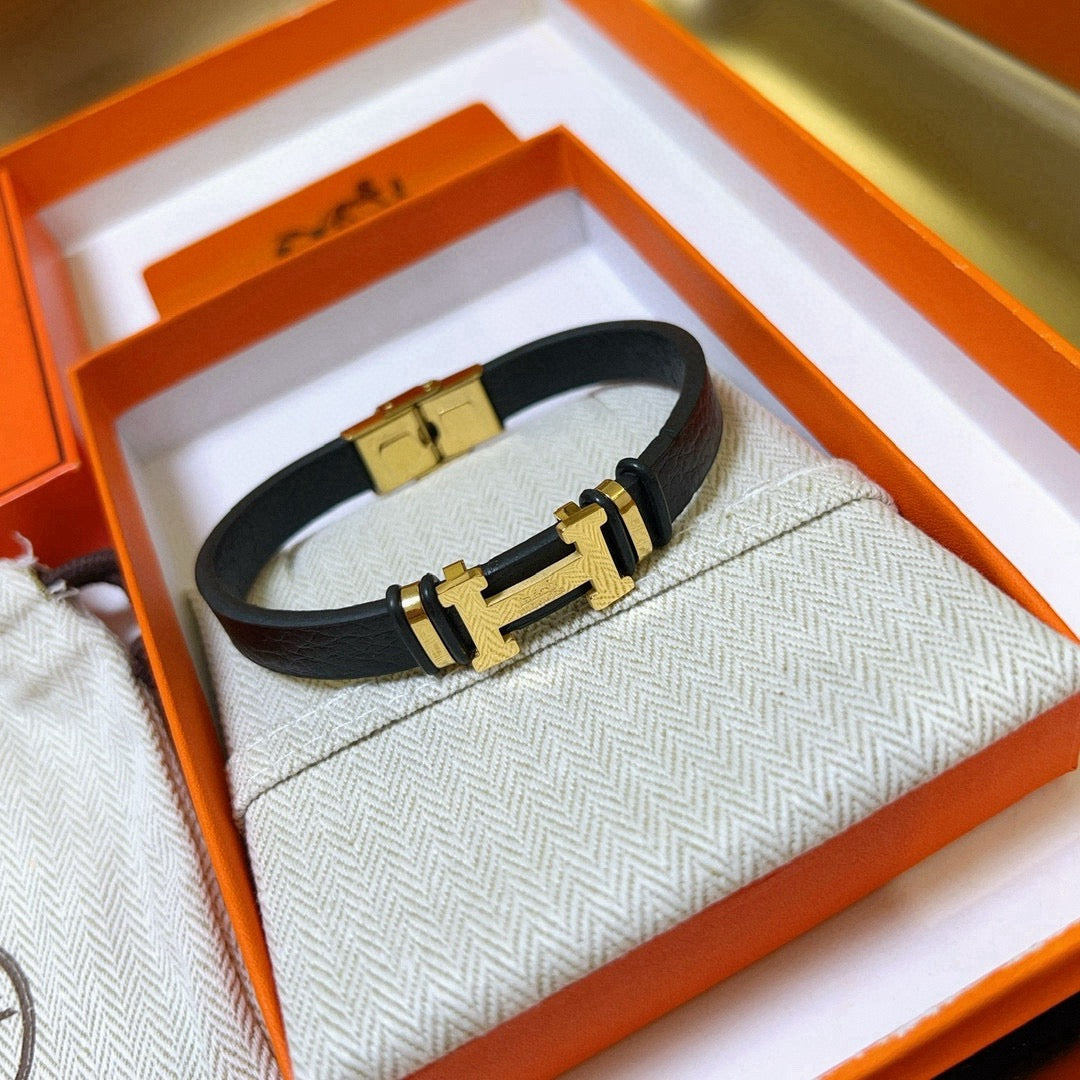 Hermès Black Leather Gold-Tone H Bracelet - album image 5