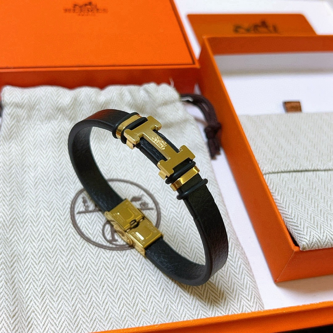 Hermès Black Leather Gold-Tone H Bracelet - album image 8