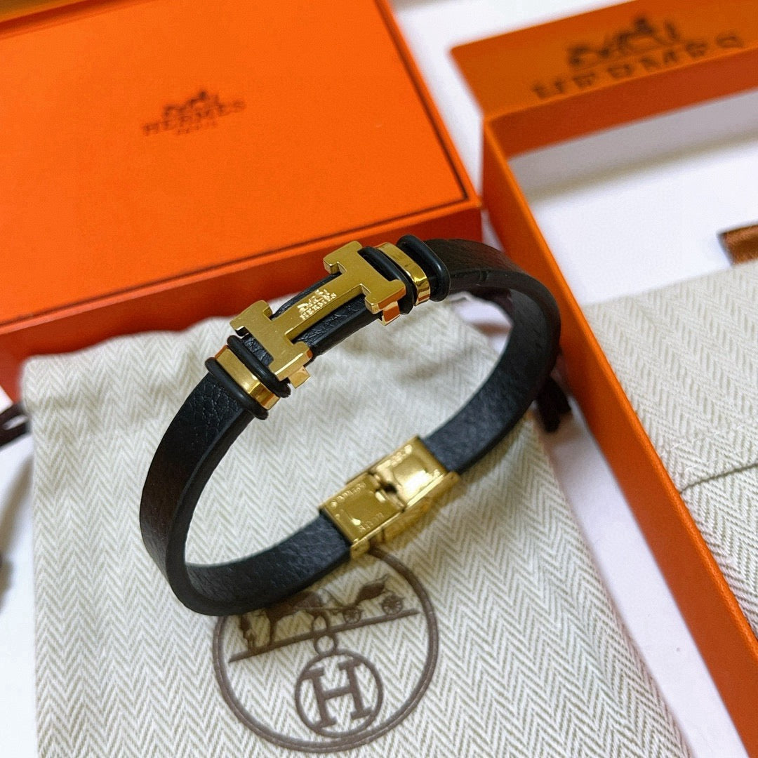 Hermès Black Leather Gold-Tone H Bracelet - album image 7