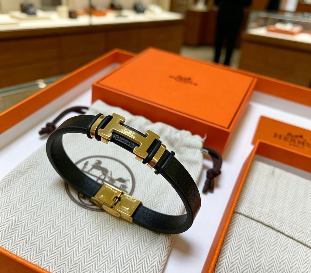 Hermès Black Leather Gold-Tone H Bracelet - album image 2
