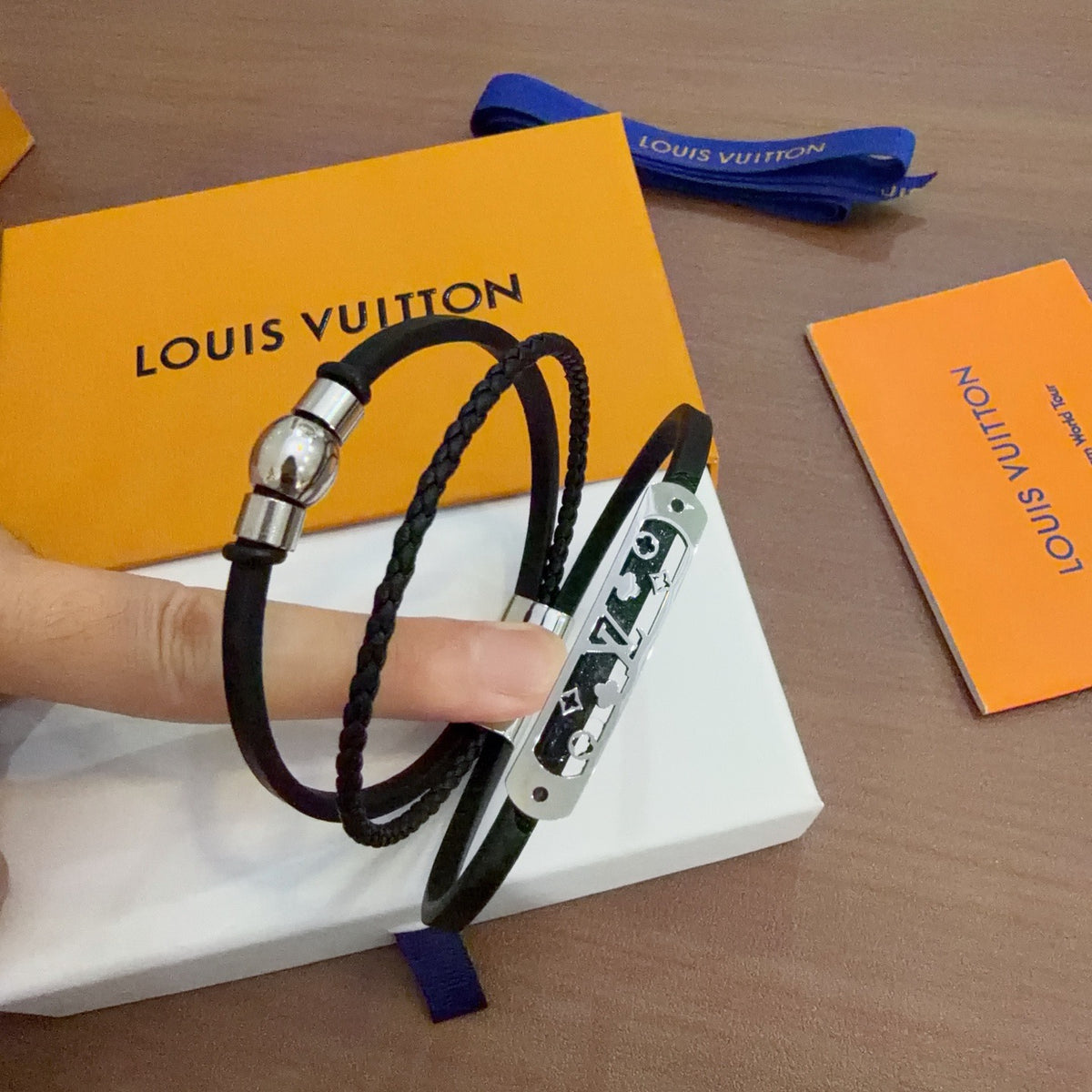 Louis Vuitton Blue Antiqued Leather Chain Bracelet - album image 7