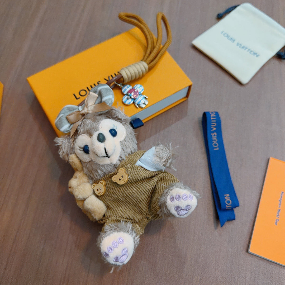 Louis Vuitton Gray Plush Character Keychain in Tan Outfit - album image 3