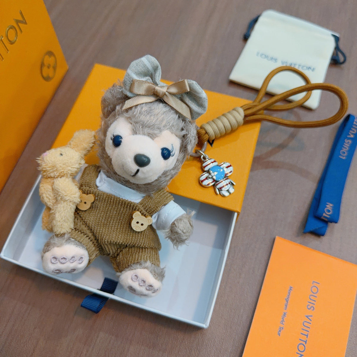 Louis Vuitton Gray Plush Character Keychain in Tan Outfit - album image 1