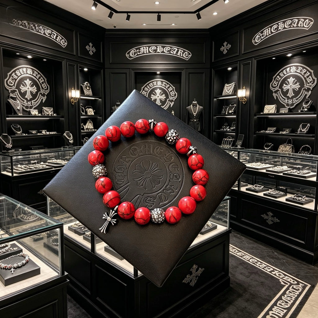 Chrome Hearts Red Bead Silver Cross Bracelet - album image 1