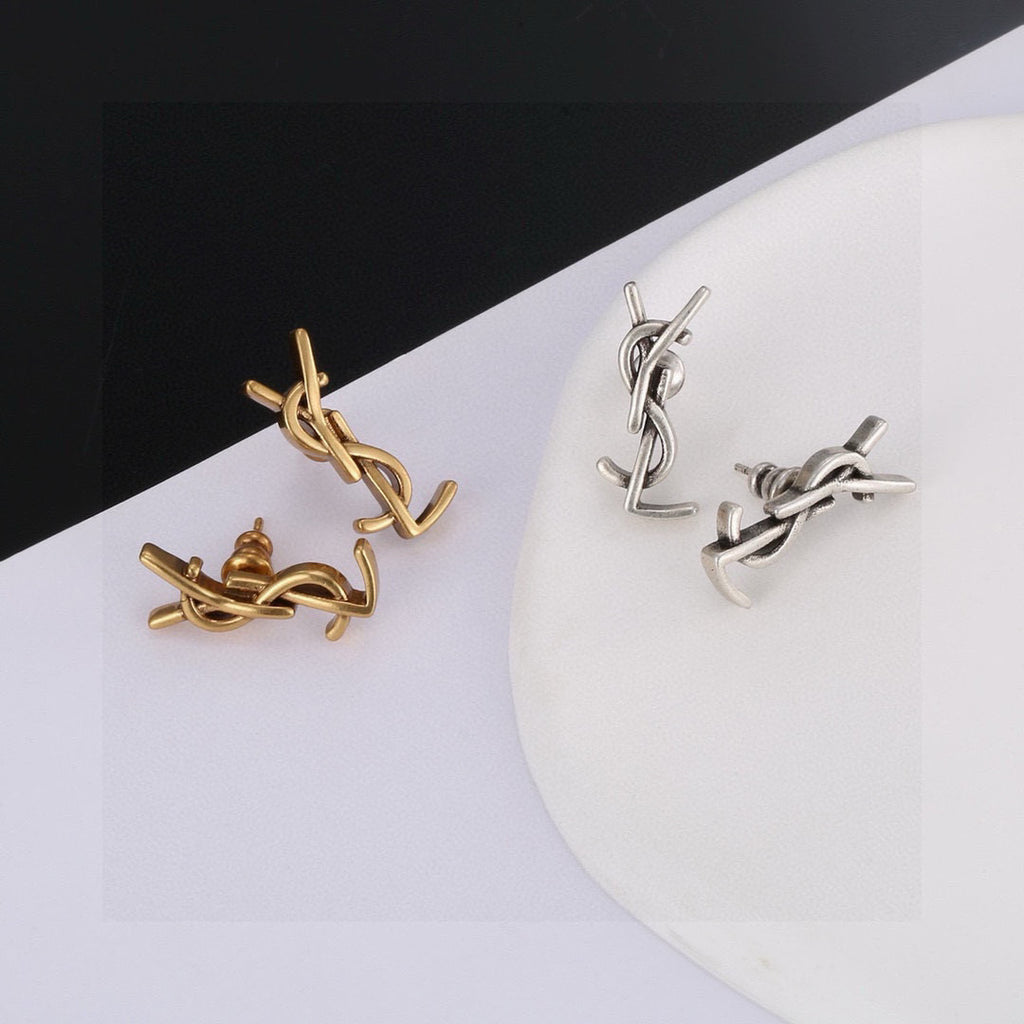 Saint Laurent Silver and Gold-Tone Petite Monogram Stud Earrings - album image 1