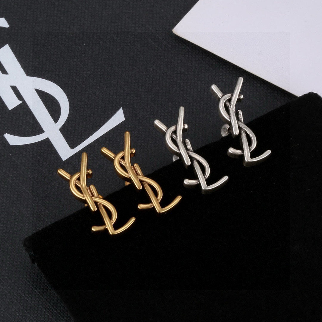 Saint Laurent Silver and Gold-Tone Petite Monogram Stud Earrings - album image 4
