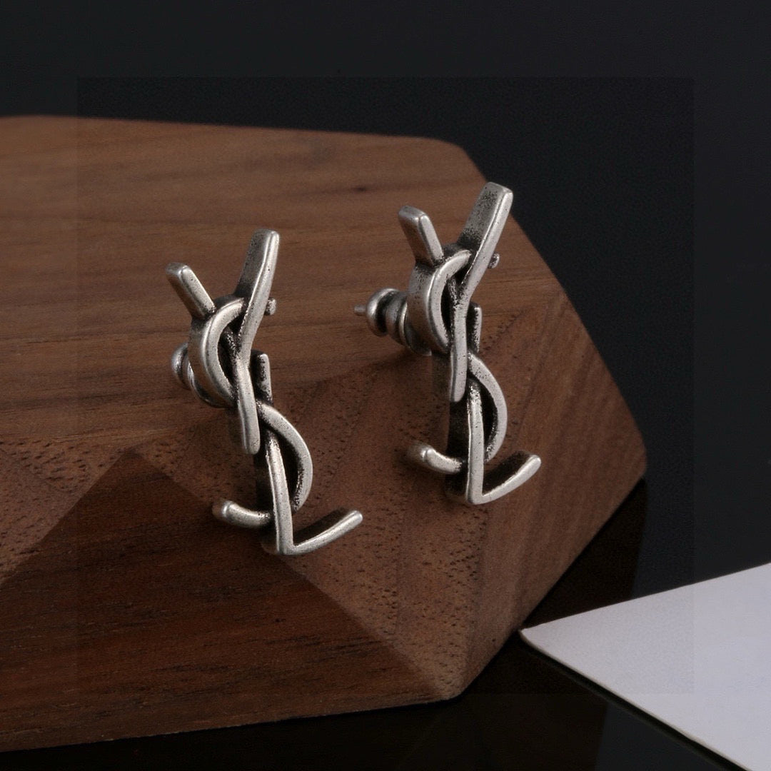 Saint Laurent Silver and Gold-Tone Petite Monogram Stud Earrings - album image 2