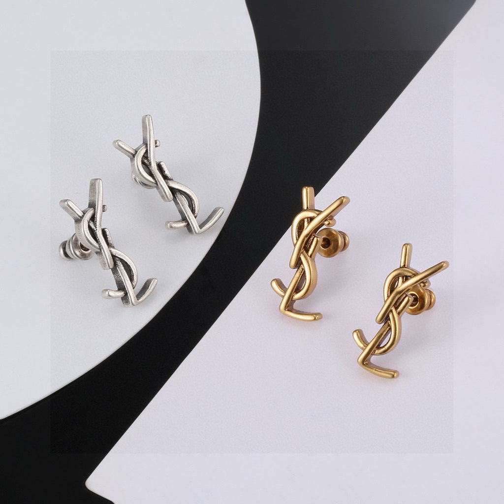 Saint Laurent Silver and Gold-Tone Petite Monogram Stud Earrings - album image 5