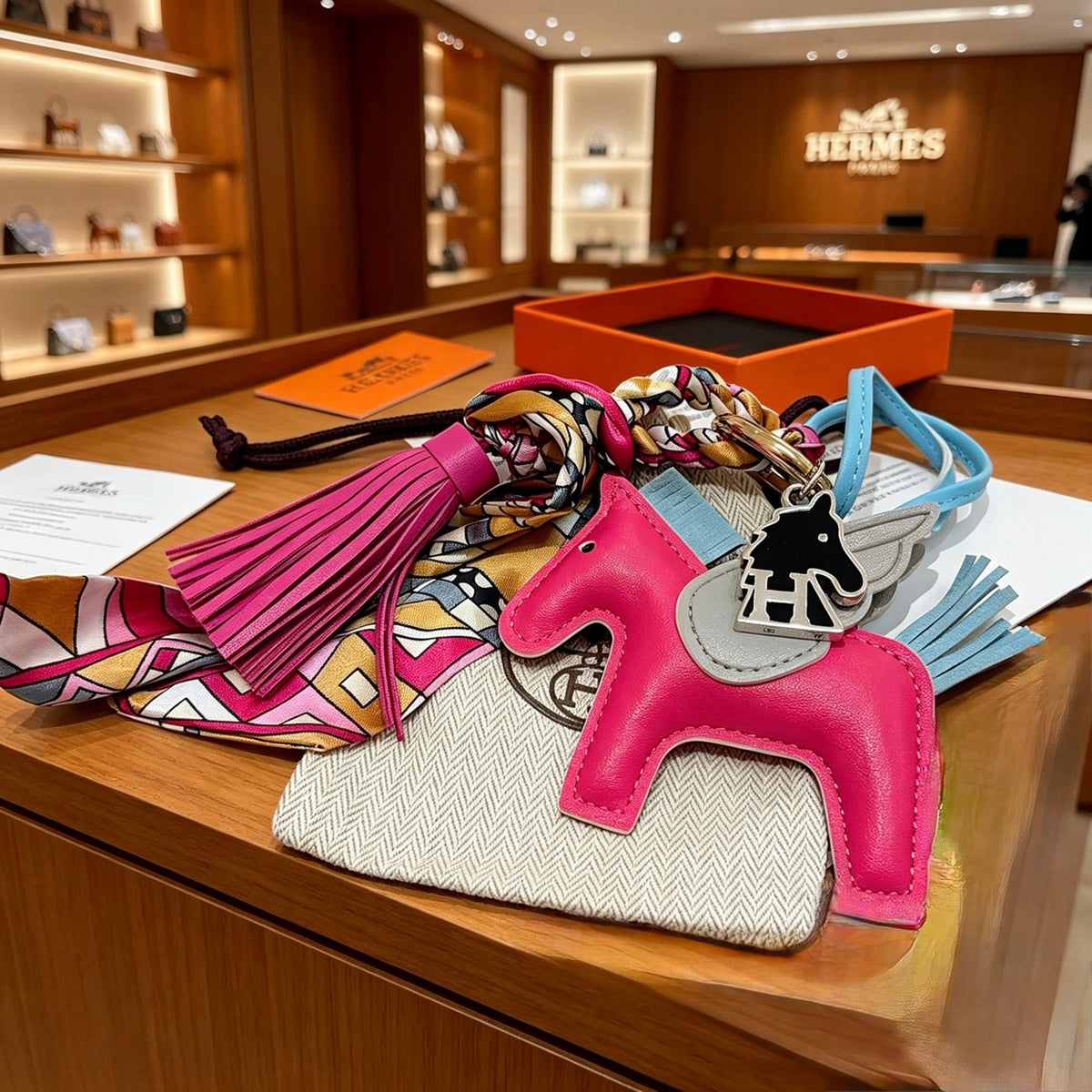 Hermès Pink Leather Horse Keychain with Tassel - album image 5