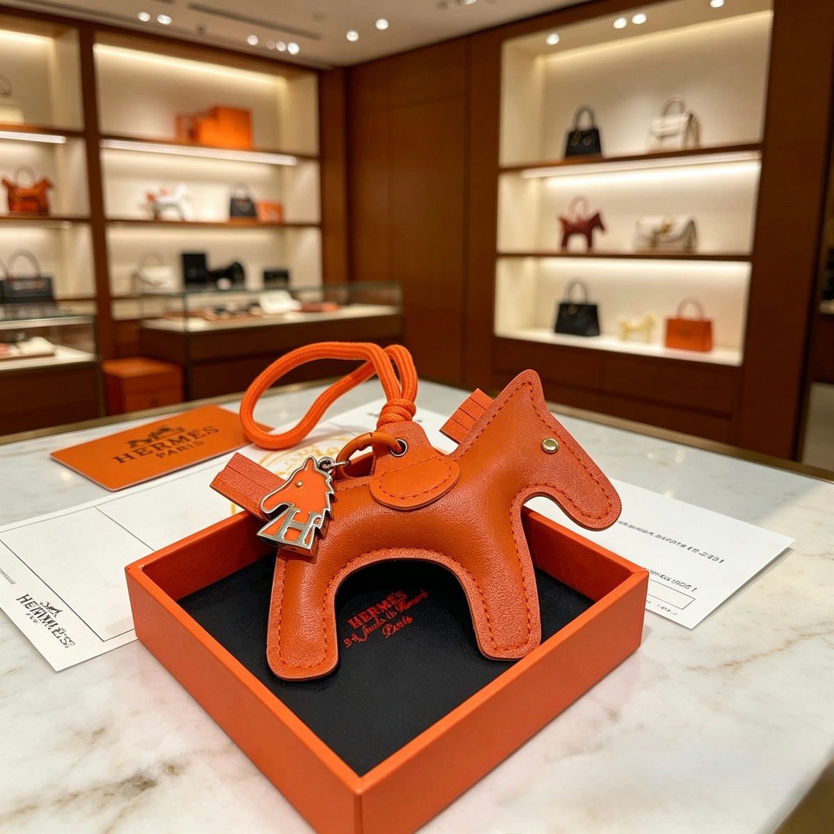 Hermès Tan and Orange Leather Horse Bag Charm - album image 1