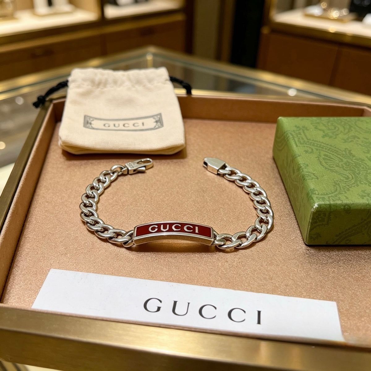 Gucci Silver-Tone Plaque Chain Bracelet with Red Detail - album image 7