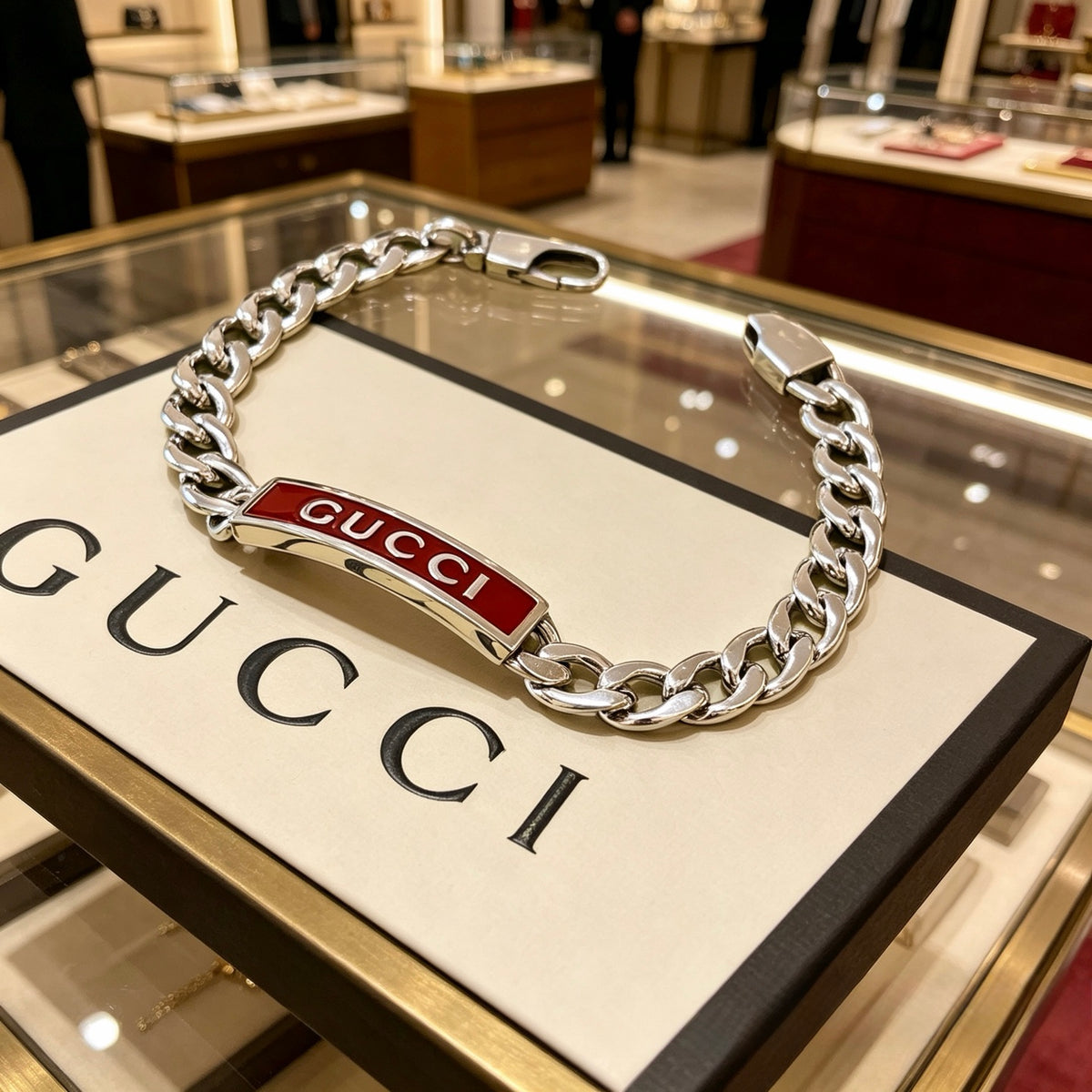 Gucci Silver-Tone Plaque Chain Bracelet with Red Detail - album image 4