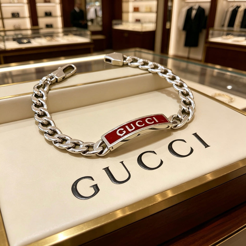 Gucci Silver-Tone Plaque Chain Bracelet with Red Detail - album image 2